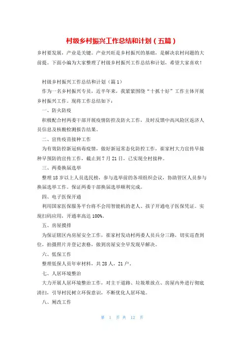村级乡村振兴工作总结和计划(五篇)