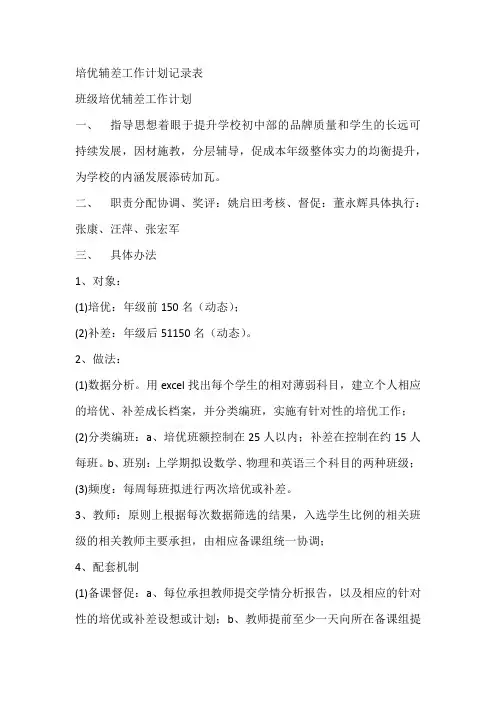 培优辅差工作计划记录表