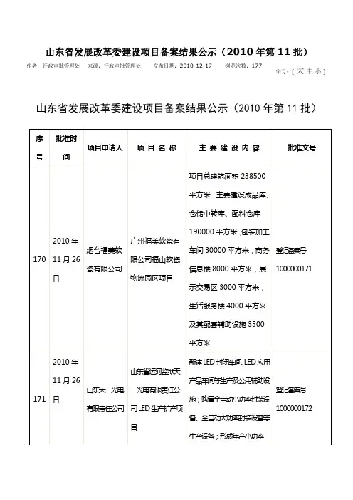 山东省发展改革委建设项目备案结果公示