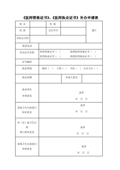 《医师资格证书》、《医师执业证书》补办申请表