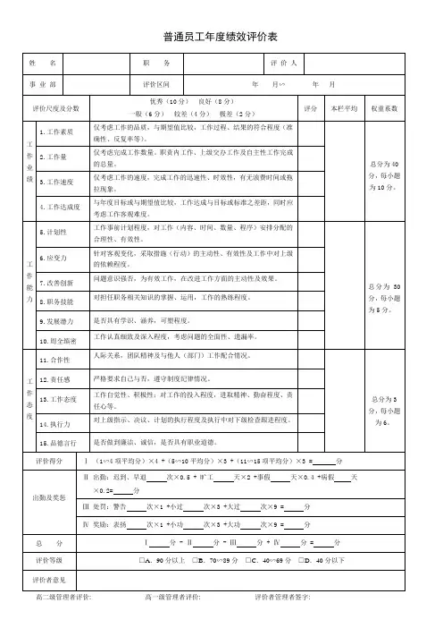 办公室员工绩效评价表