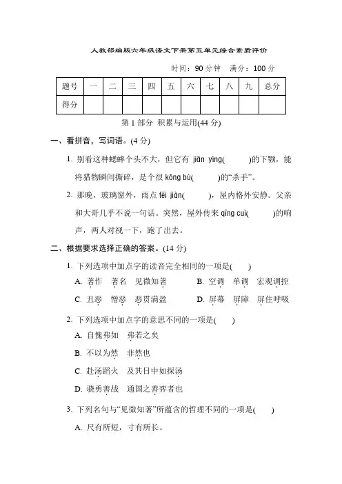 人教部编版六年级语文下册第五单元综合素质评价含答案