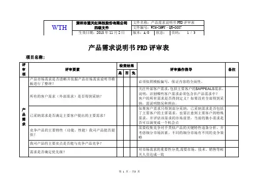 产品需求说明书PRD评审表