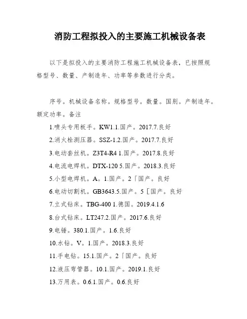 消防工程拟投入的主要施工机械设备表