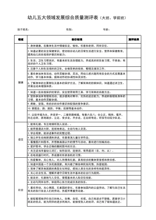 幼儿园五大领域评价表