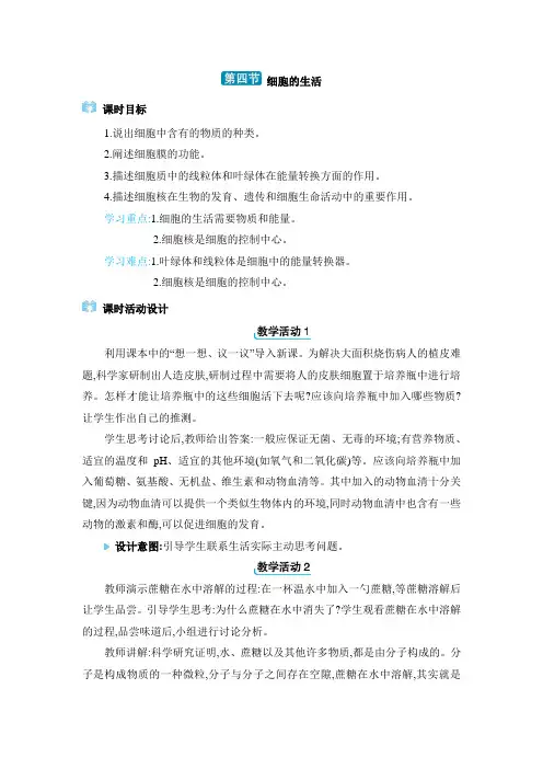 2024年人教版七年级生物上册第二章教学设计4. 第四节 细胞的生活