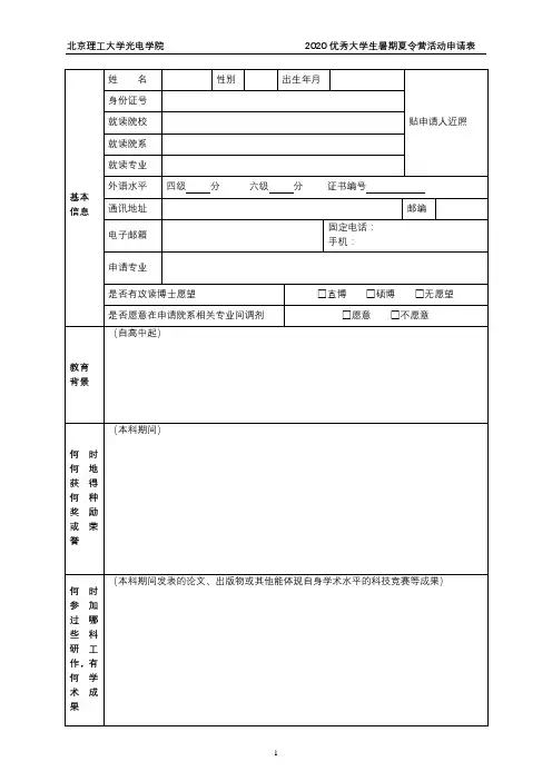 2020优秀大学生暑期夏令营活动申请表【模板】