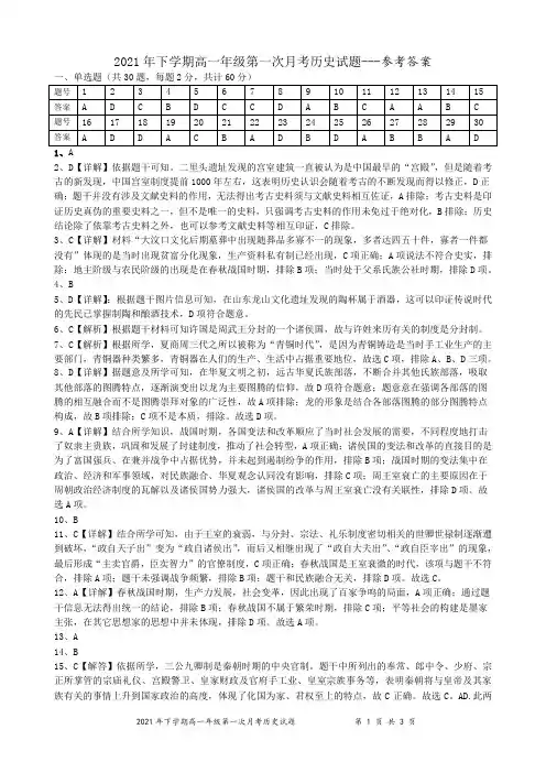 湖南省益阳市箴言中学2021-2022学年高一上学期10月月考试题 历史参考答案