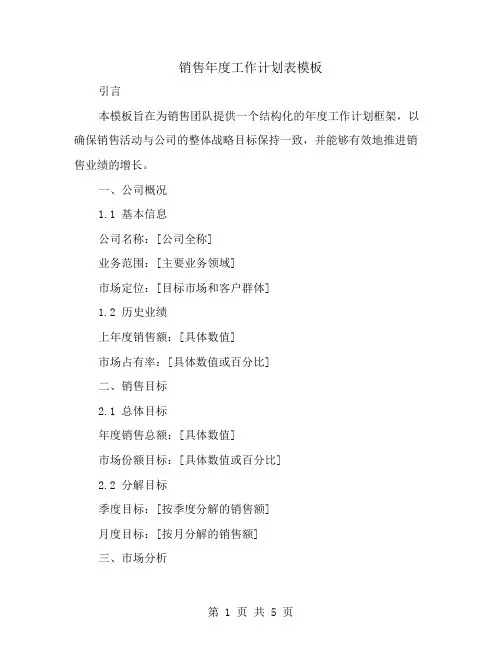 销售年度工作计划表模板