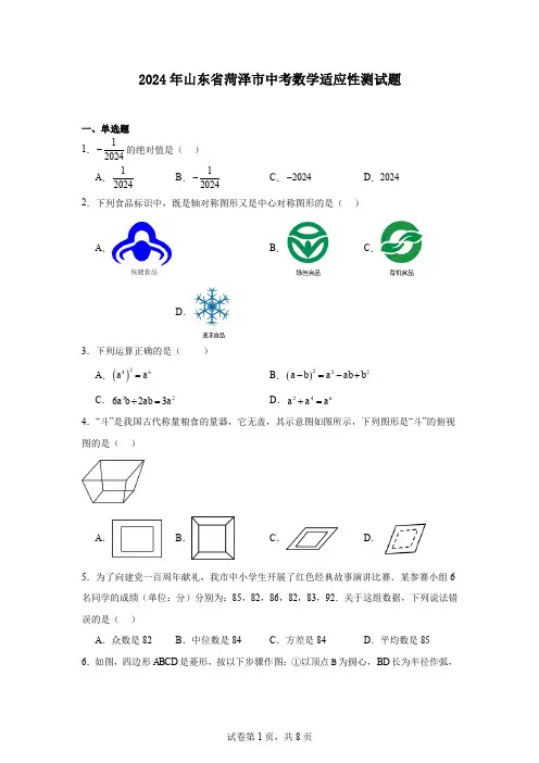 2024年山东省菏泽市中考数学适应性测试题