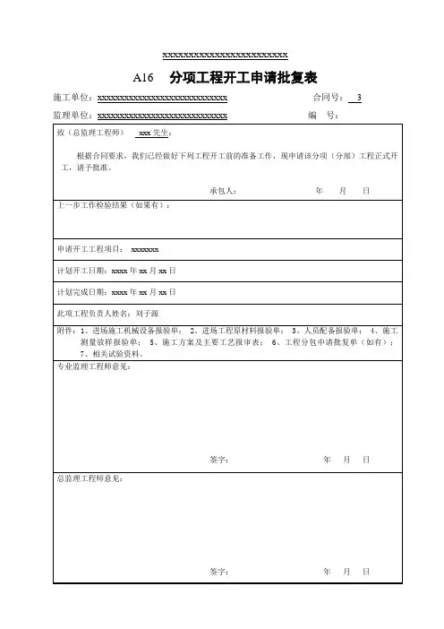 分项工程开工申请批复表 模板