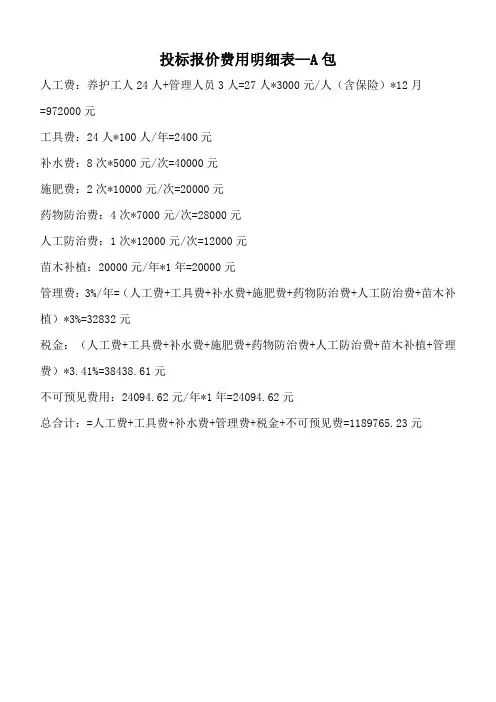 投标报价费用明细表-A包