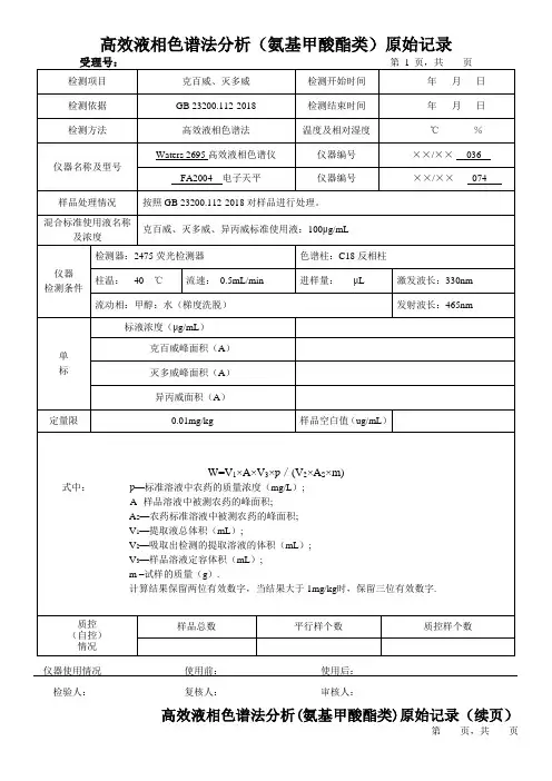 高效液相色谱法分析(氨基甲酸酯类)原始记录1