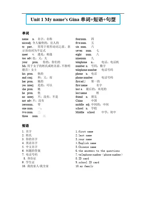 人教版英语七年级上册 unit1 单词+短语+句型+课文原文汇总