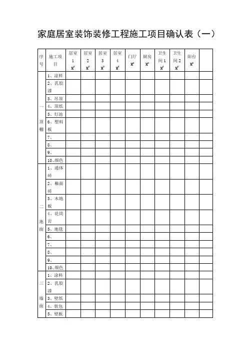 家庭居室装饰装修工程施工项目确认表