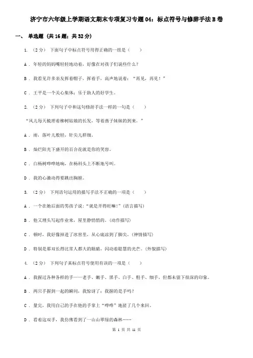济宁市六年级上学期语文期末专项复习专题04：标点符号与修辞手法B卷