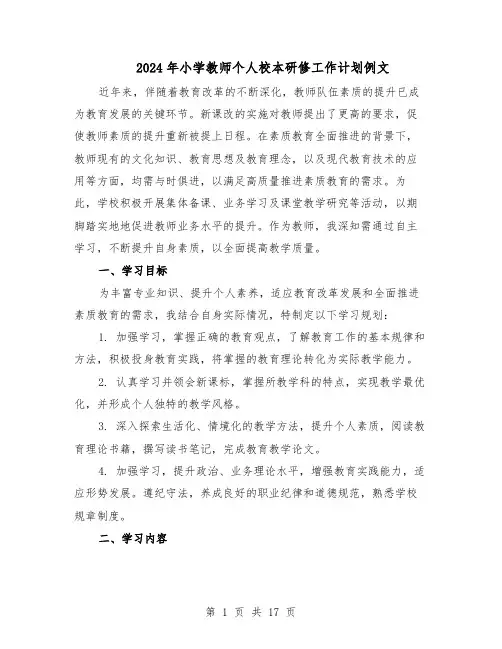 2024年小学教师个人校本研修工作计划例文（6篇）