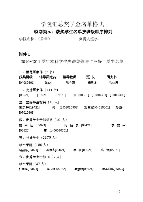 学院汇总奖学金名单格式