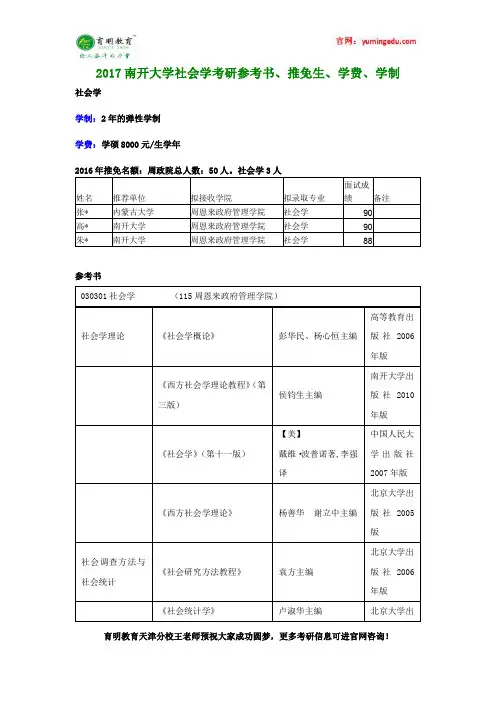 2017南开大学社会学考研参考书、推免生、学费、学制