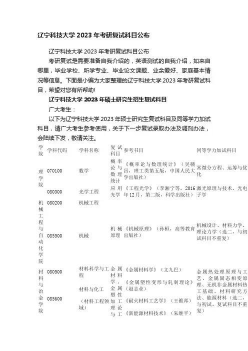 辽宁科技大学2023年考研复试科目公布