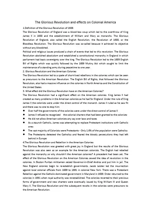 英语小作文：论英国光荣革命及其影响The Glorious Revolution and effects on Colonial America