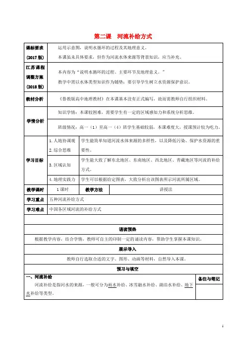 高中地理 第四单元 地球上的水 第二课 河流补给方式导学案 鲁教版必修1【经典练习】