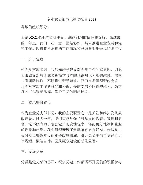 企业党支部书记述职报告2018