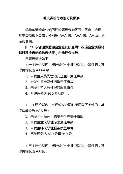 诚信评价等级划分及标准