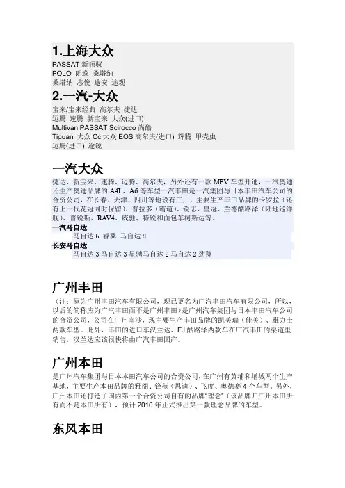 各汽车品牌旗下汽车大全