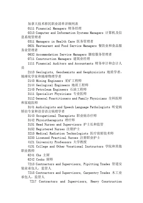 2019年加拿大技术移民职业列表