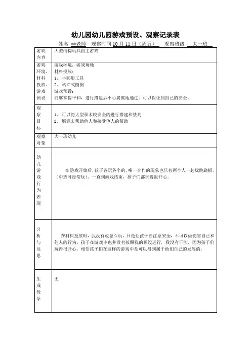 幼儿园幼儿园游戏预设、观察记录表-大型结构玩具自主游戏