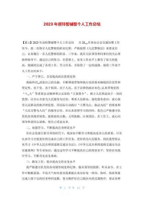 2023年巡特警辅警个人工作总结