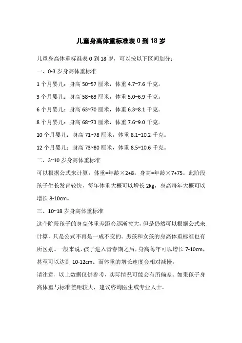 儿童身高体重标准表0到18岁