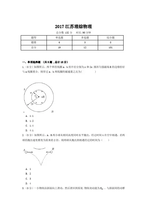 【精校版】2017年高考真题江苏理综物理试题(含答案)