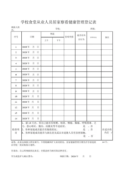 学校幼儿园食堂从业人员居家健康管理登记表