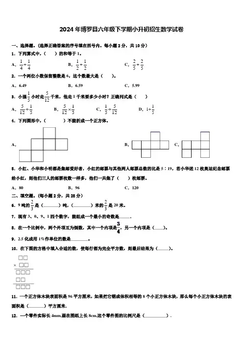 2024年博罗县六年级下学期小升初招生数学试卷含解析