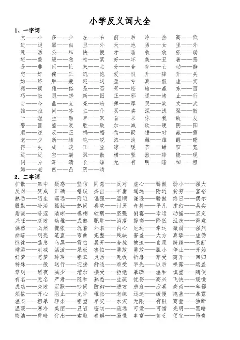 部编版六年级下册语文小学反义词大全