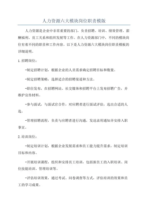 人力资源六大模块岗位职责模版