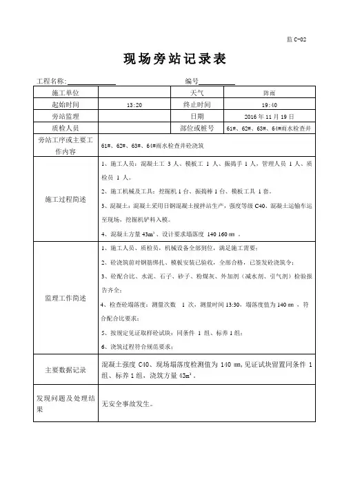 检查井砌筑监理旁站记录