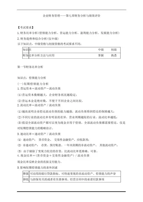 初级审计企业财务管理—第七章财务分析与绩效评价知识点