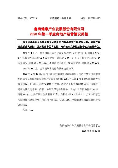鲁商发展：2020年第一季度房地产经营情况简报