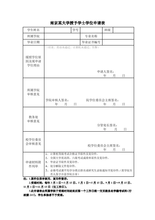 南京某大学授予学士学位申请表