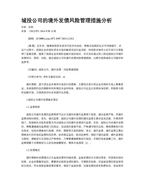 城投公司的境外发债风险管理措施分析