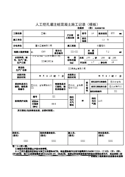 人工挖孔灌注桩混凝土施工记录(模板)