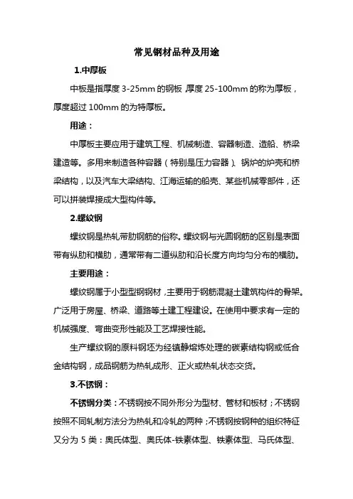 常见钢材品种及用途