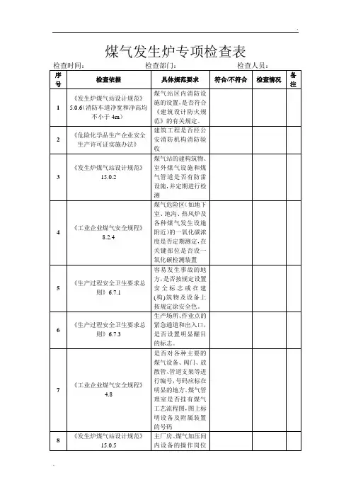 煤气发生炉安全检查表