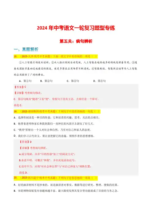 第5关：病句辨析(解析版)-2024年中考语文一轮复习题型专练