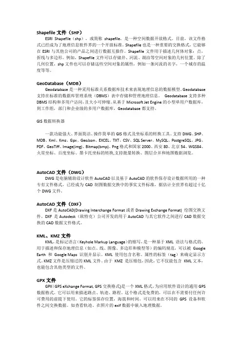 空间数据格式介绍：SHP、MDB、DWG、DXF、KML、KMZ、GPX