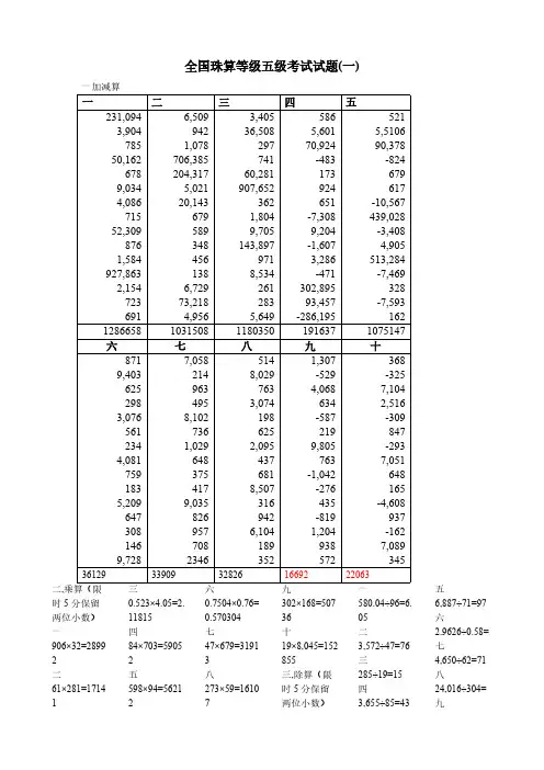 天下珠算等级五级考试试题 整理后