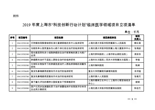 2019年度上海市科技创新行动计划临床医学领域项目立